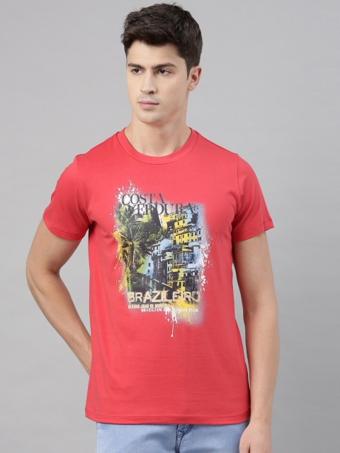 

QUANCIOUS Men Coral Red & Black Printed Round Neck Organic Cotton Sustainable T-shirt