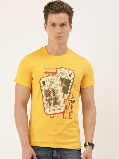 

QUANCIOUS Men Mustard Printed Round Neck Sustainable T-shirt