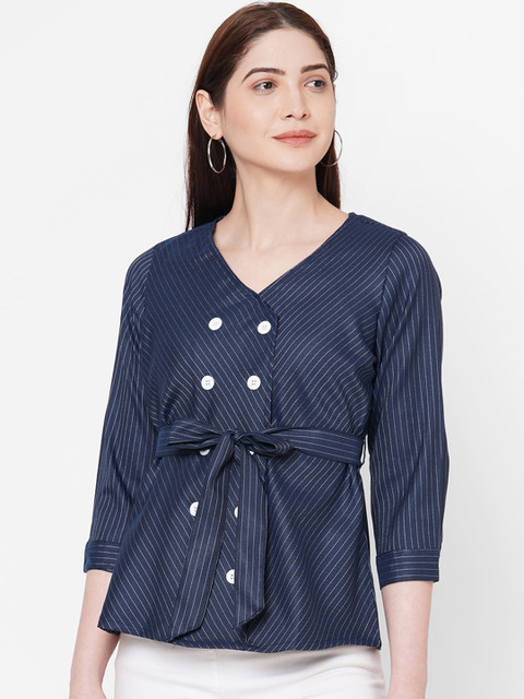

109F Blue Striped Cinched Waist Top