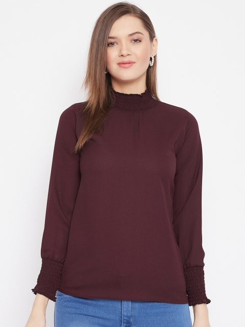 

Purple Feather Burgundy High Neck Bishop Sleeves Crepe Top
