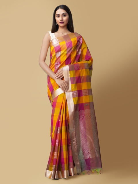 

Unnati Silks Yellow & Pink Silk Cotton Checked Bhagalpuri Saree