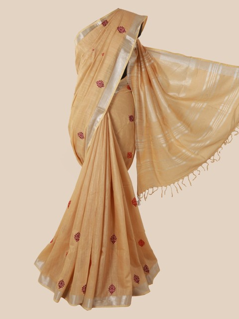 

Pothys Beige Printed Linen Blend Saree With Tasseled Pallu