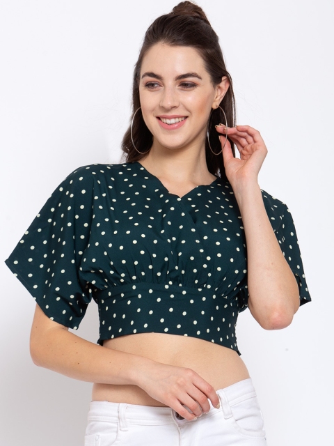 

Style Quotient Green & White Polka Dot Printed Crepe Regular Crop Top