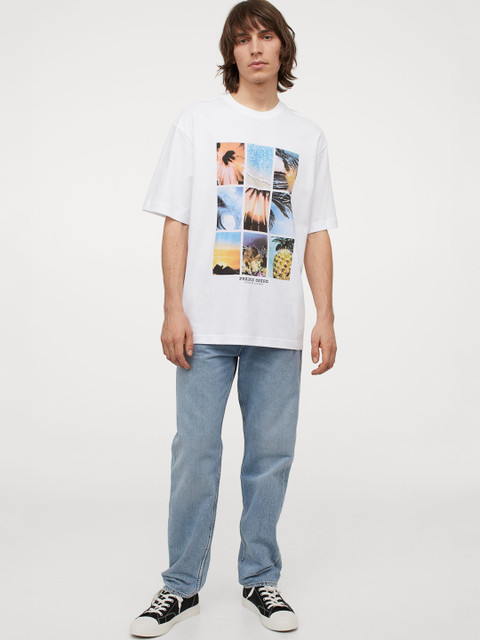

H&M Men White Printed Relaxed Fit Pure Cotton T-shirt