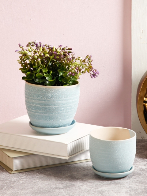 

Aapno Rajasthan Set Of 2 Blue & White Textured Ceramic Planter Pots