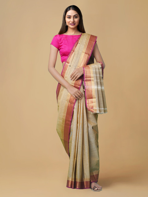 

Unnati Silks Brown Pure Cotton Striped Uppada Saree