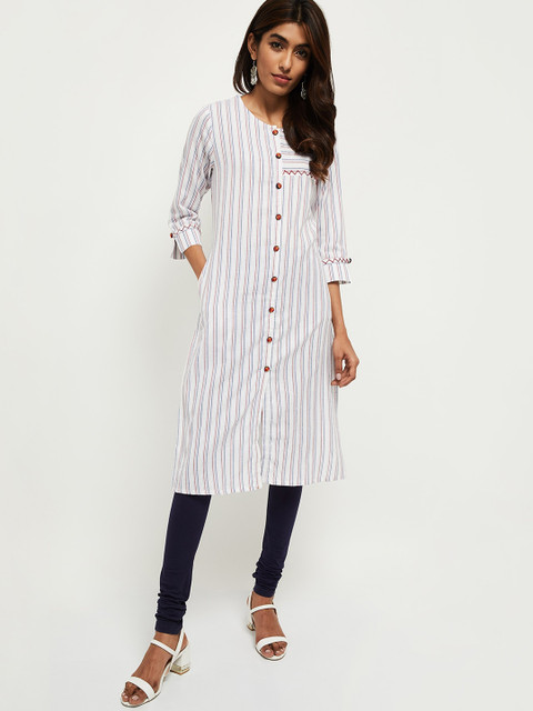 

max Women White Striped Kurta