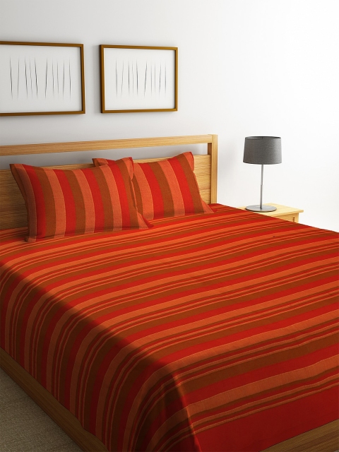 

NEUDIS Orange & Brown Striped Hand Woven 1 Double Bed Cover With 2 Pillow Covers