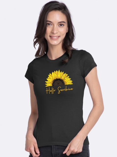 

Bewakoof Women Black Printed Round Neck Pure Cotton T-shirt
