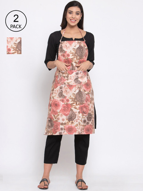 

KLOTTHE Unisex Pack of 2 Beige & Pink Printed 210 TC Cotton Aprons