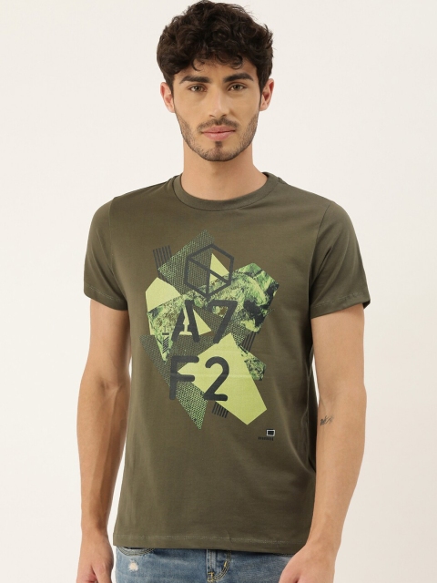

QUANCIOUS Men Olive Green & Black Printed Round Neck Organic Cotton T-shirt