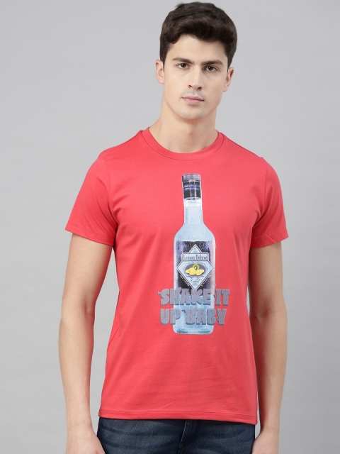 

QUANCIOUS Men Coral Red & Blue Printed Round Neck Organic Cotton Sustainable T-shirt