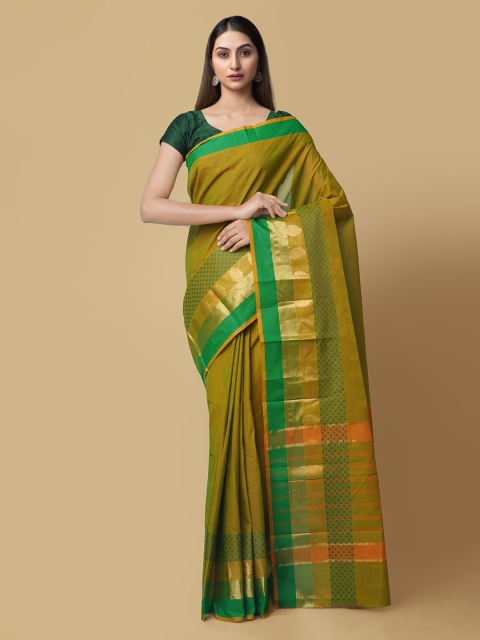 

Unnati Silks Green Pure Cotton Solid Handcrafted Chettinad Saree