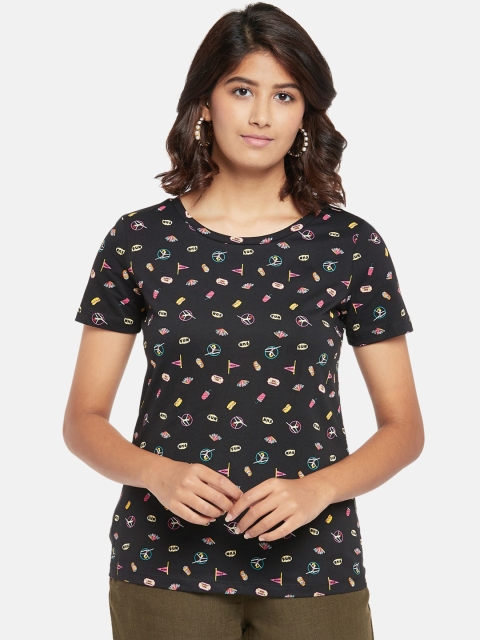 

Honey by Pantaloons Women Black Printed Round Neck Pure Cotton T-shirt