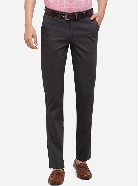 

JADE BLUE Men Grey Slim Fit Solid Pure Cotton Regular Trousers