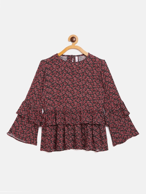 

Crimsoune Club Red & Black Floral Printed Bell Sleeves Regular Top