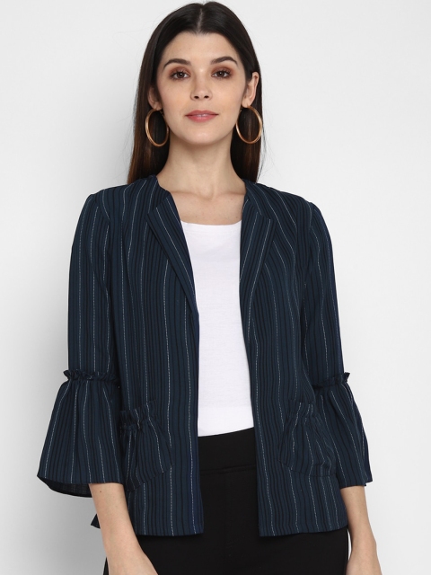 

Fbella Women Blue Striped Open Front Jacket