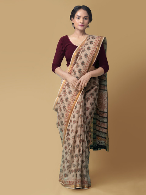 

Unnati Silks Cream-Coloured & Brown Pure Cotton Bagru Printed Kota Handloom Saree