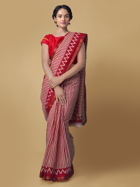 

Unnati Silks Red & White Pure Cotton Striped Kota Handloom Sustainable Saree