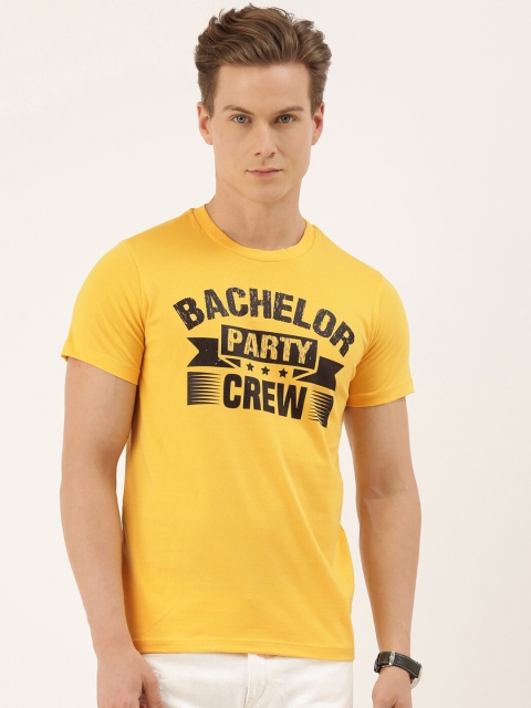 

QUANCIOUS Men Mustard Self Design Round Neck Organic Cotton Sustainable T-shirt