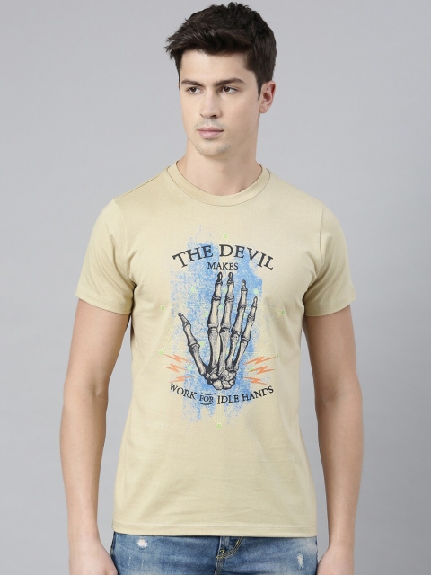 

QUANCIOUS Men Beige & Black Printed Round Neck Organic Cotton Sustainable T-shirt