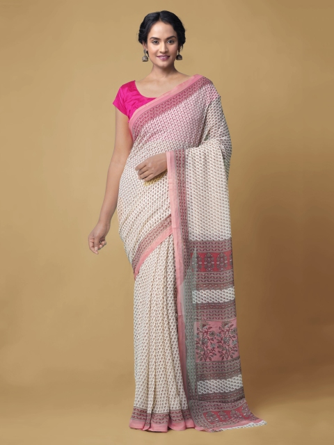 

Unnati Silks Cream-Coloured Floral Printed Pure Chiffon Saree