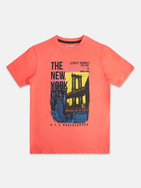 

Pantaloons Junior Boys Coral Red Printed Round Neck Cotton Pure Cotton T-shirt