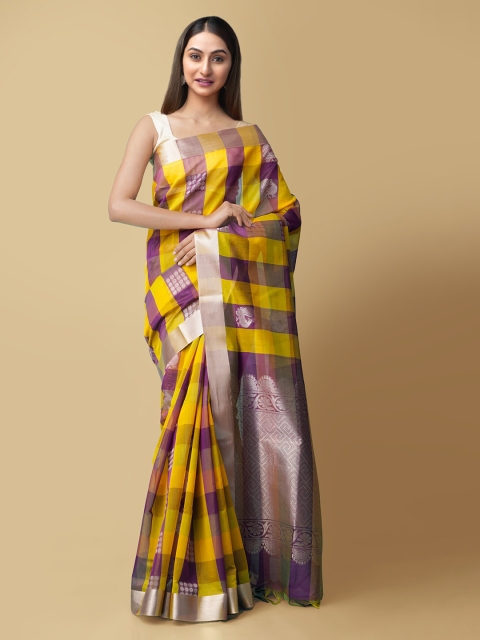 

Unnati Silks Yellow & Purple Silk Cotton Woven Design Bhagalpuri Saree