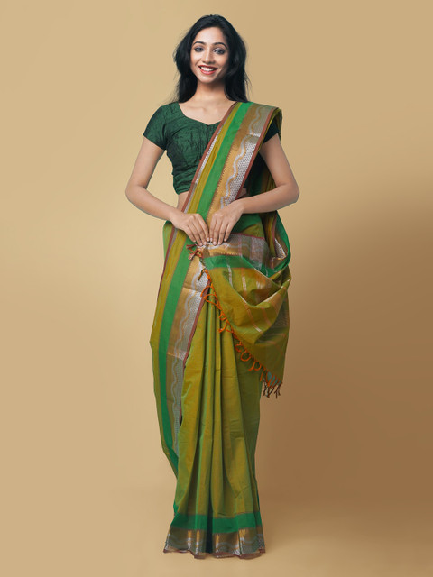 

Unnati Silks Green & GoldenPure Cotton Solid Chettinad Handloom Saree