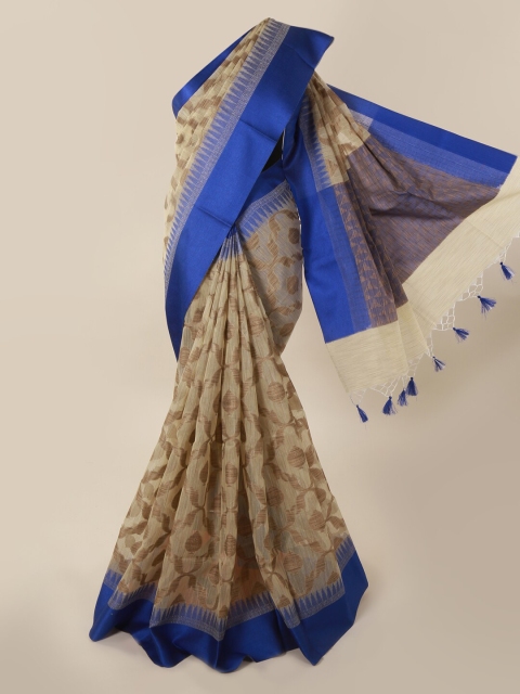 

Pothys Cream-Coloured & Navy Blue Supernet Woven Design Saree