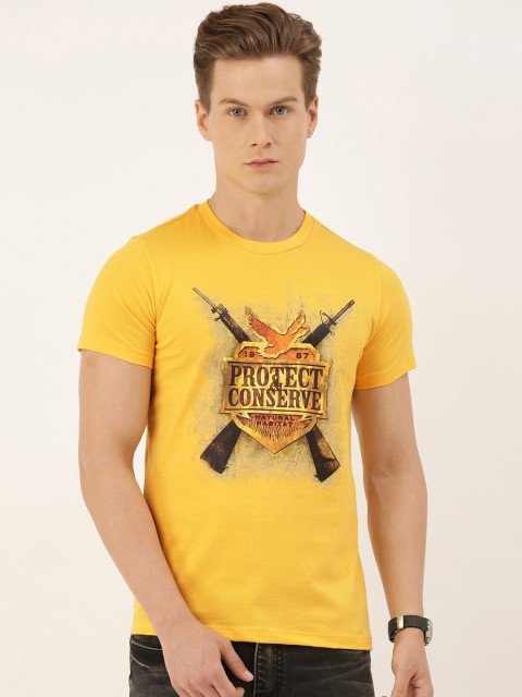 

QUANCIOUS Men Mustard Yellow & Grey Printed Round Neck Organic Cotton T-shirt