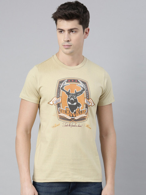 

QUANCIOUS Men Beige Printed Round Neck Sustainable T-shirt