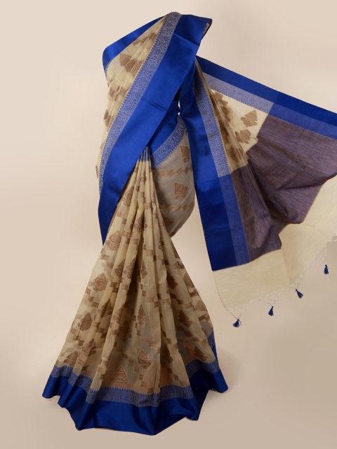 

Pothys Beige & Blue Printed Supernet Saree