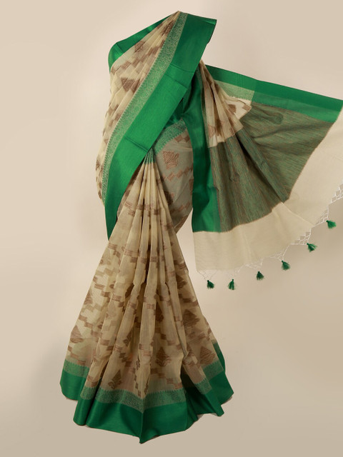 

Pothys Cream-Coloured & Green Supernet Printed Saree