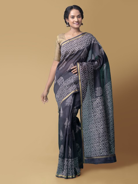 

Unnati Silks Grey & White Silk Cotton Printed Chanderi Saree