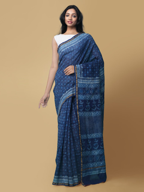

Unnati Silks Blue Silk Cotton Printed Chanderi Saree