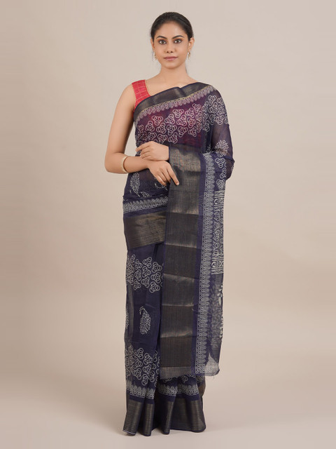 

Pothys Navy Blue & White Jute Silk Printed Saree