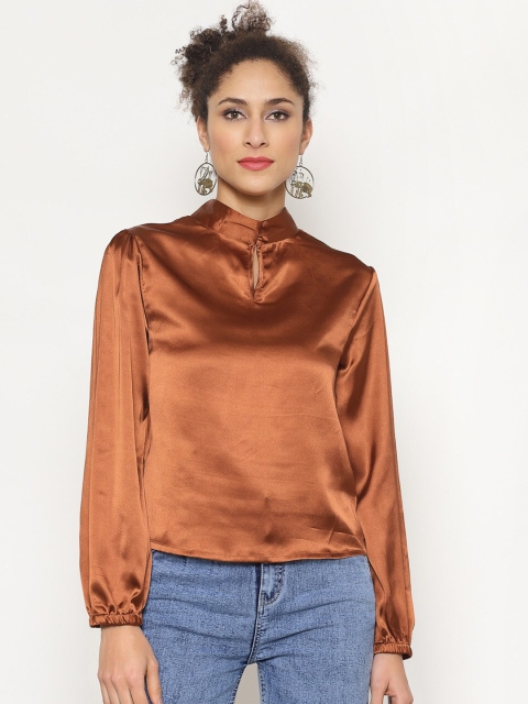 

Twenty3 Brown Mandarin Collar Satin Regular Top