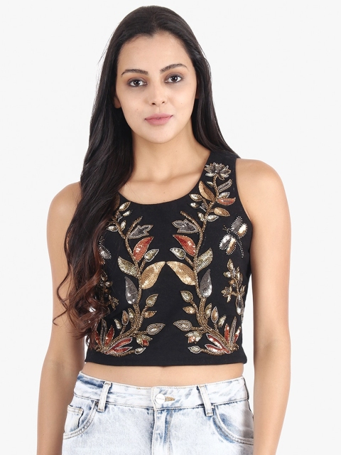 

Diwaah Black & Brown Embellished Regular Pure Cotton Crop Top
