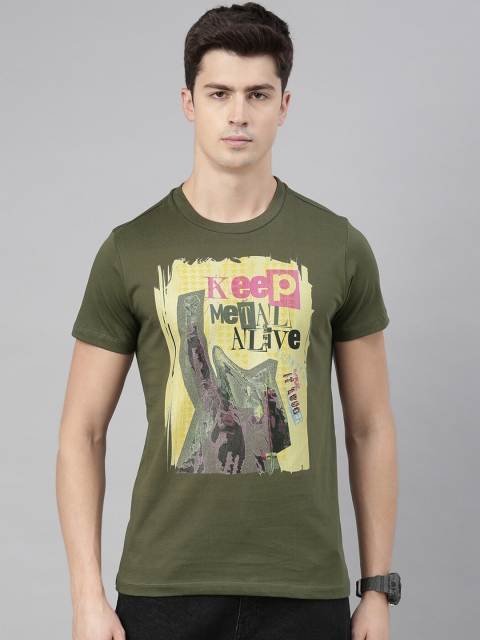 

QUANCIOUS Men Olive Green Printed Round Neck T-shirt