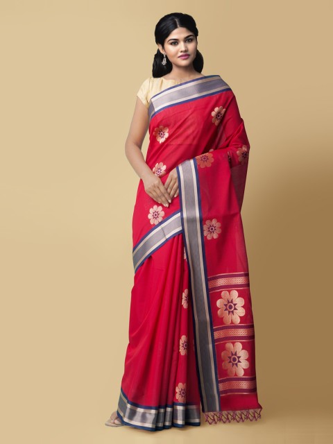 

Unnati Silks Red Silk Cotton Woven Design Bhagalpuri Saree