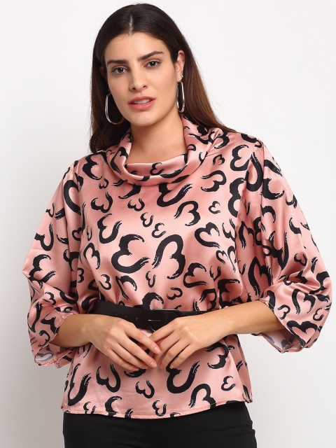 

Global Republic Pink & Black Printed Cowl Neck Batwing Sleeves Cinched Waist Top