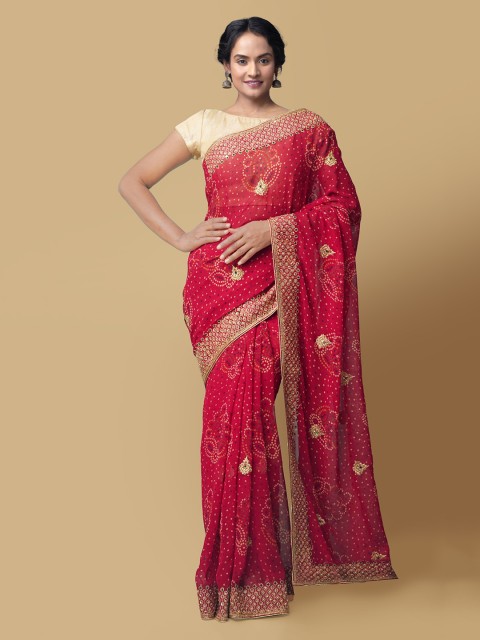 

Unnati Silks Red Pure Chiffon Woven Design Bandhani Saree