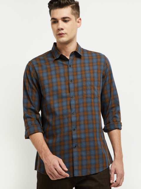 

max Men Mustard & Blue Slim Fit Checked Casual Shirt