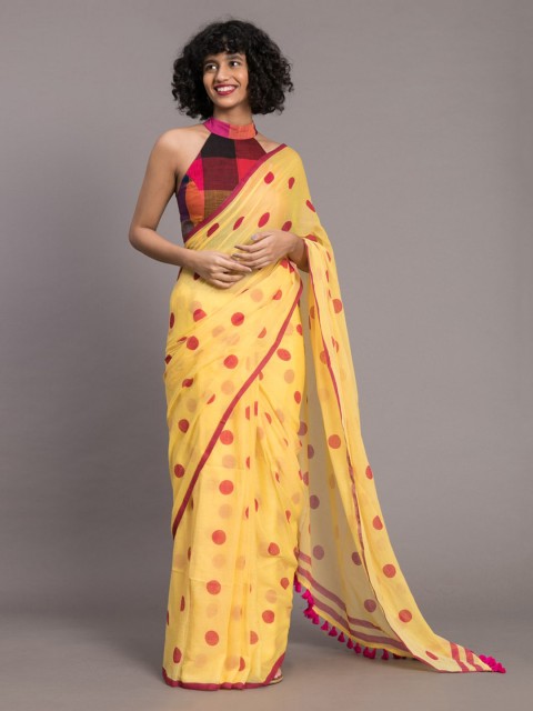 

Suta Yellow Polka Dots Printed Pure Cotton Saree