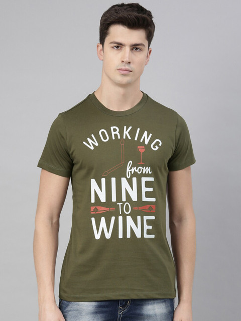 

QUANCIOUS Men Olive Green & Off-White Printed Round Neck Organic Cotton Sustainable T-shirt