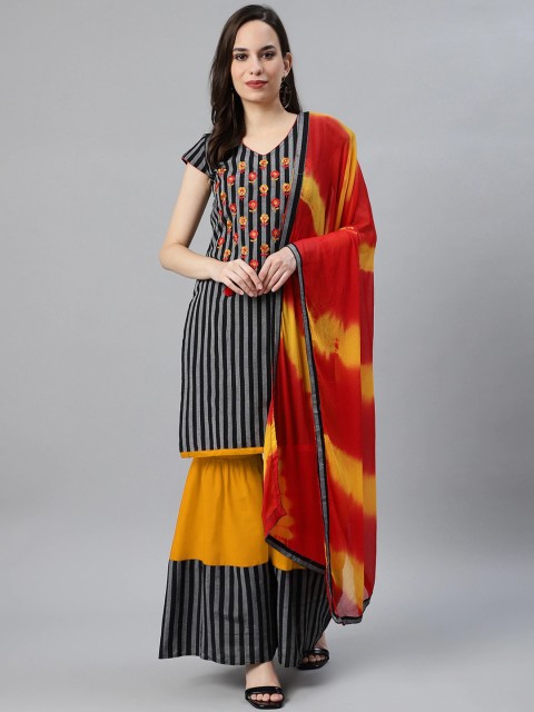 

Chhabra 555 Women Black & Orange Striped Kurta with Sharara & Dupatta