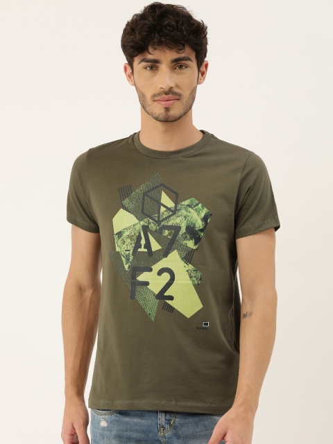 

QUANCIOUS Men Olive Green Printed Round Neck Sustainable T-shirt