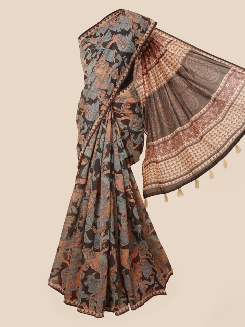 

Pothys Black & Brown Cotton Blend Printed Chanderi Saree