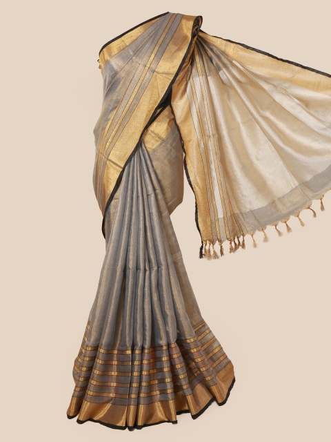 

Pothys Grey & Gold-Toned Linen Blend Solid Saree With Tasseled Pallu